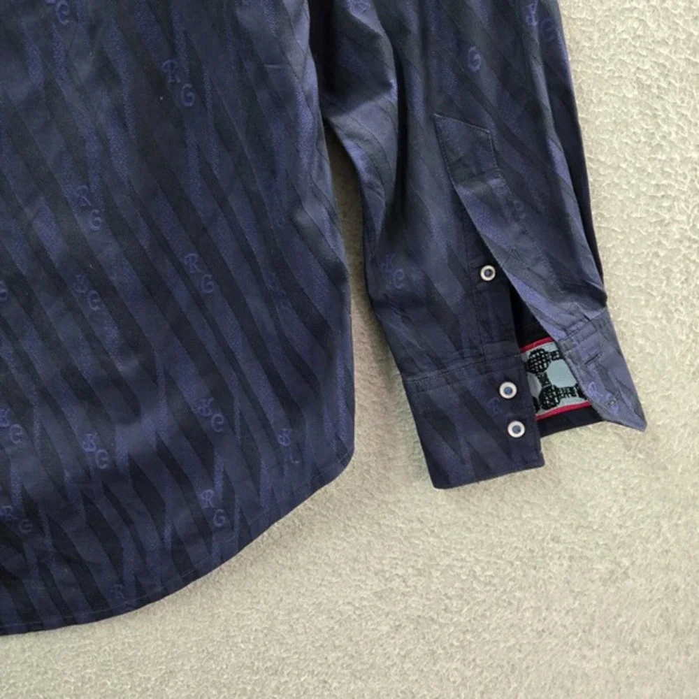 Robert Graham Men Button Up Shirt Large Blue Striped Logo RG‎ Textured Collar